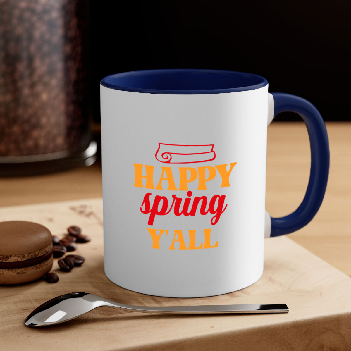 Happy Spring Y'all Mug with colorful handle and glossy finish, available in multiple colors and sizes.
