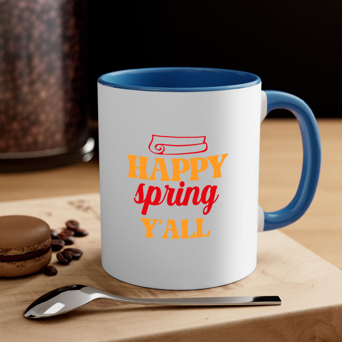 Happy Spring Y'all Mug with colorful handle and glossy finish, available in multiple colors and sizes.