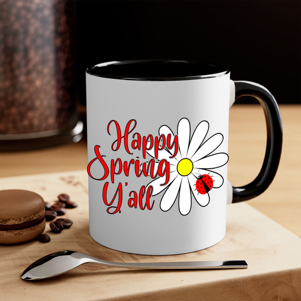Happy Spring Y'all 161# Mug with colorful handle and glossy finish, available in multiple colors and sizes.