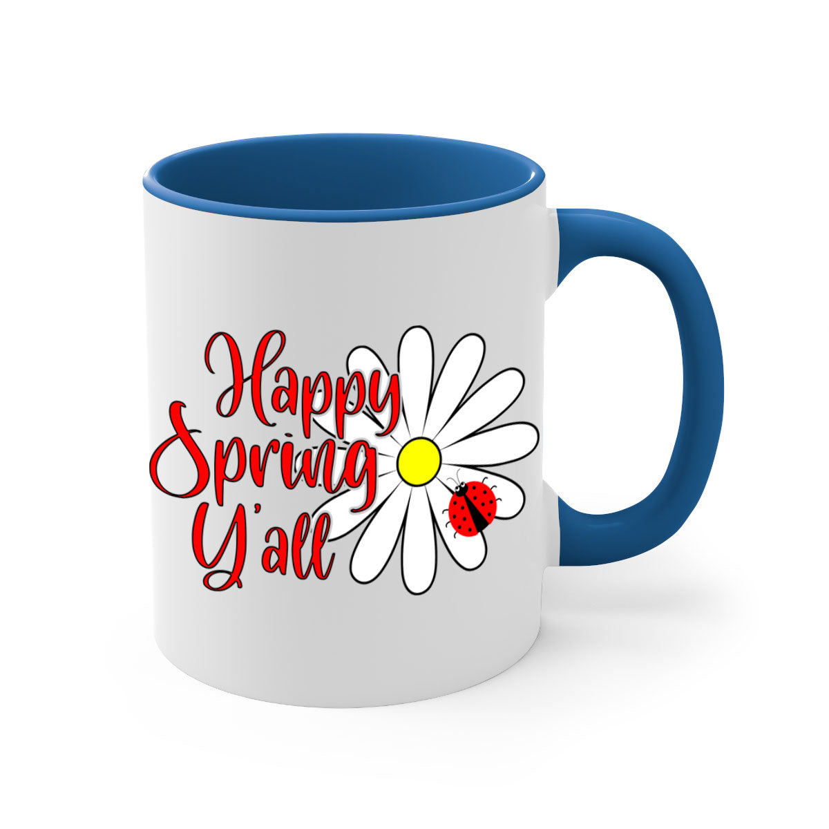 Happy Spring Y'all 161# Mug with colorful handle and glossy finish, available in multiple colors and sizes.