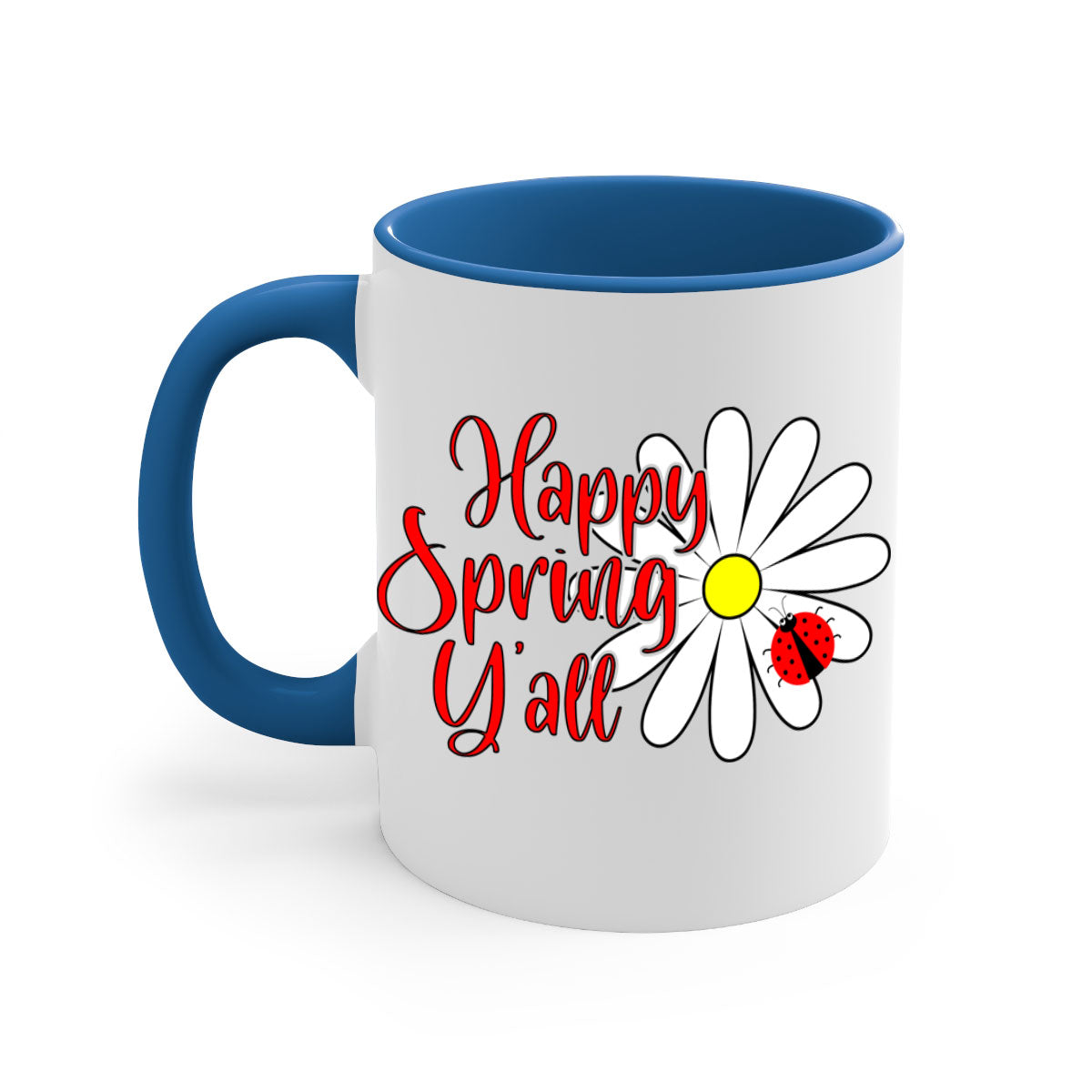 Happy Spring Y'all 161# Mug with colorful handle and glossy finish, available in multiple colors and sizes.