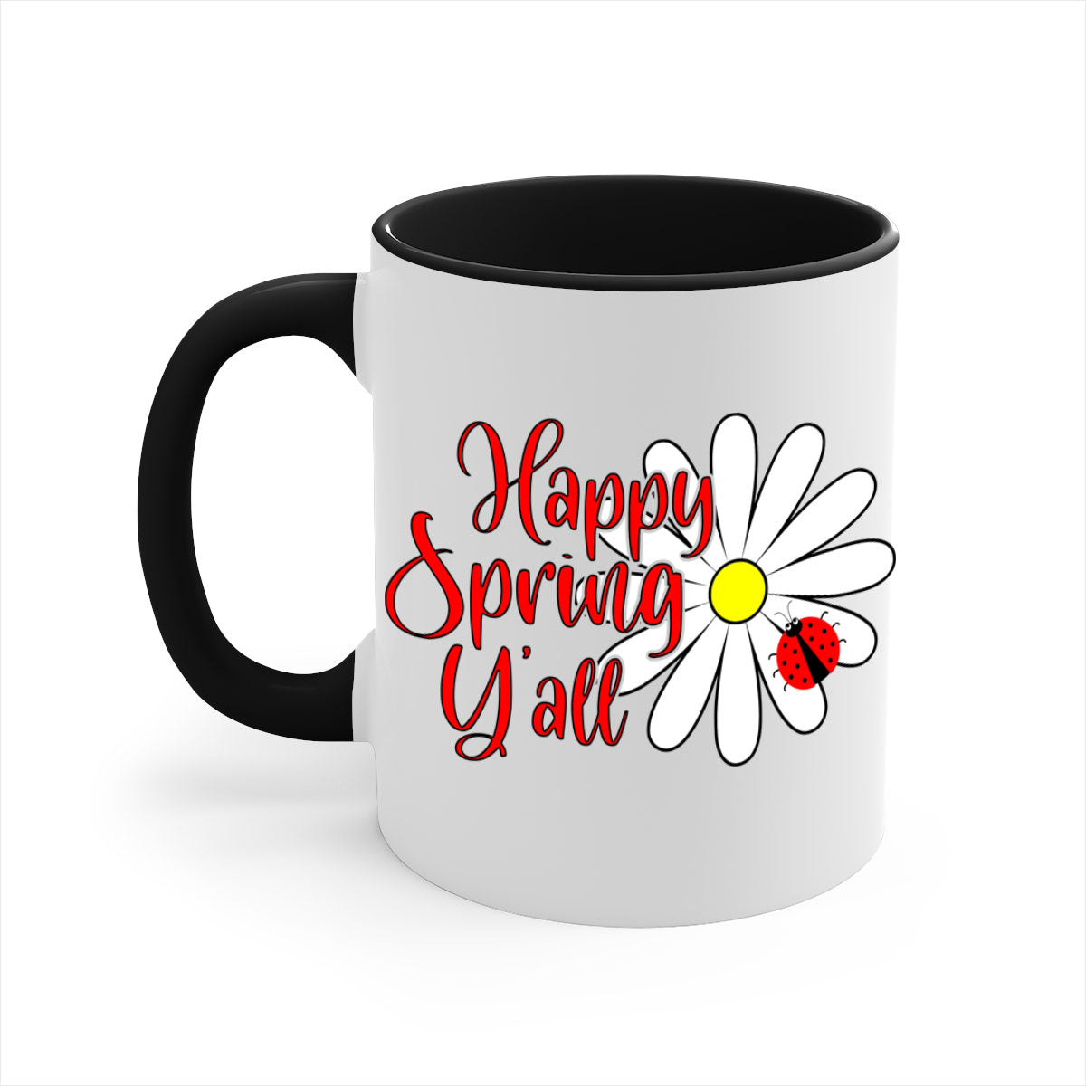 Happy Spring Y'all 161# Mug with colorful handle and glossy finish, available in multiple colors and sizes.