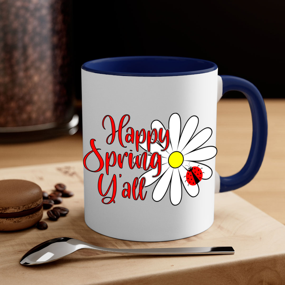 Happy Spring Y'all 161# Mug with colorful handle and glossy finish, available in multiple colors and sizes.