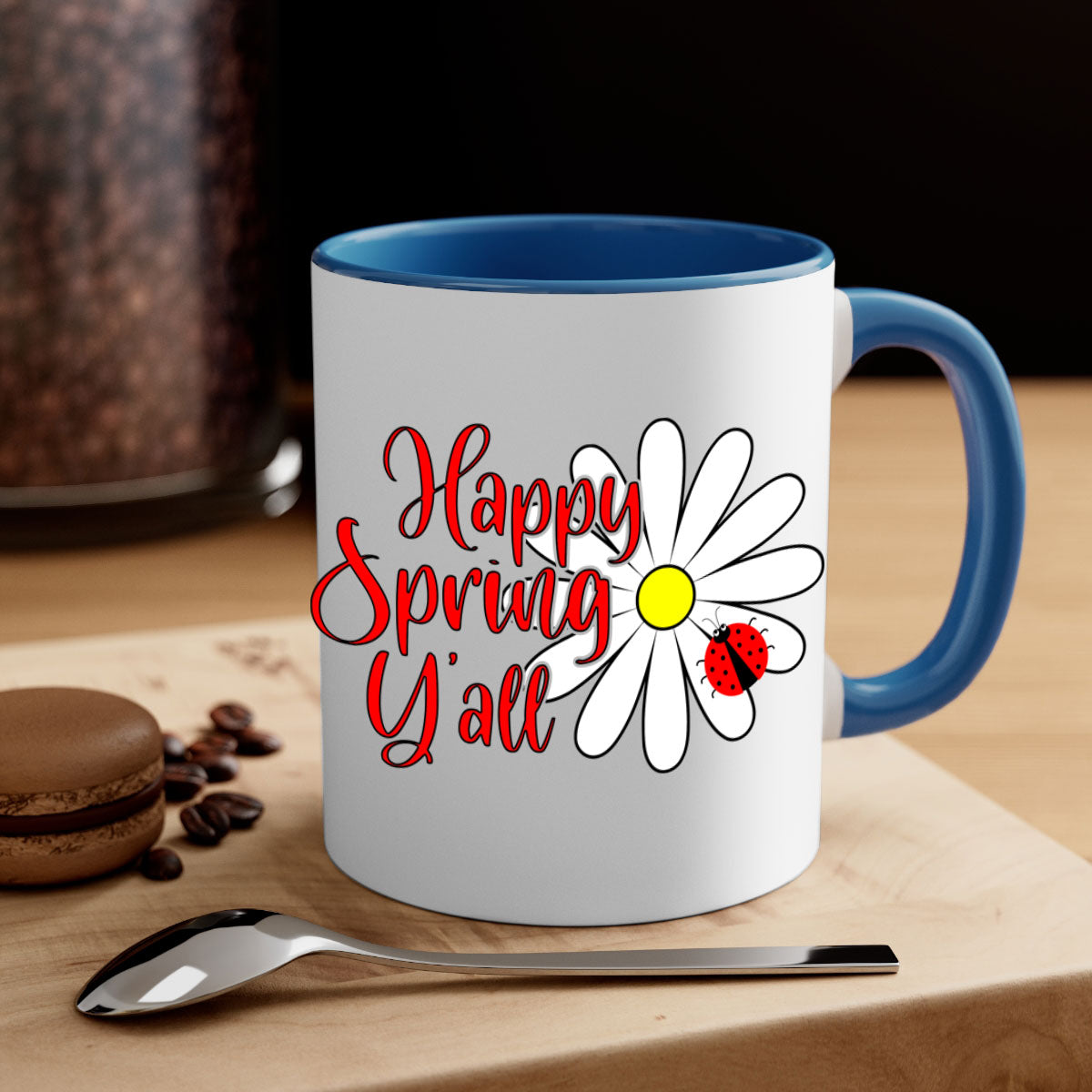 Happy Spring Y'all 161# Mug with colorful handle and glossy finish, available in multiple colors and sizes.