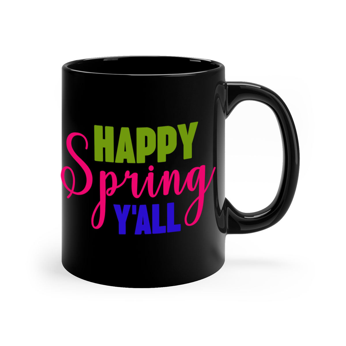 Happy Spring Y'all Mug with colorful handle and glossy finish, available in multiple colors and sizes.