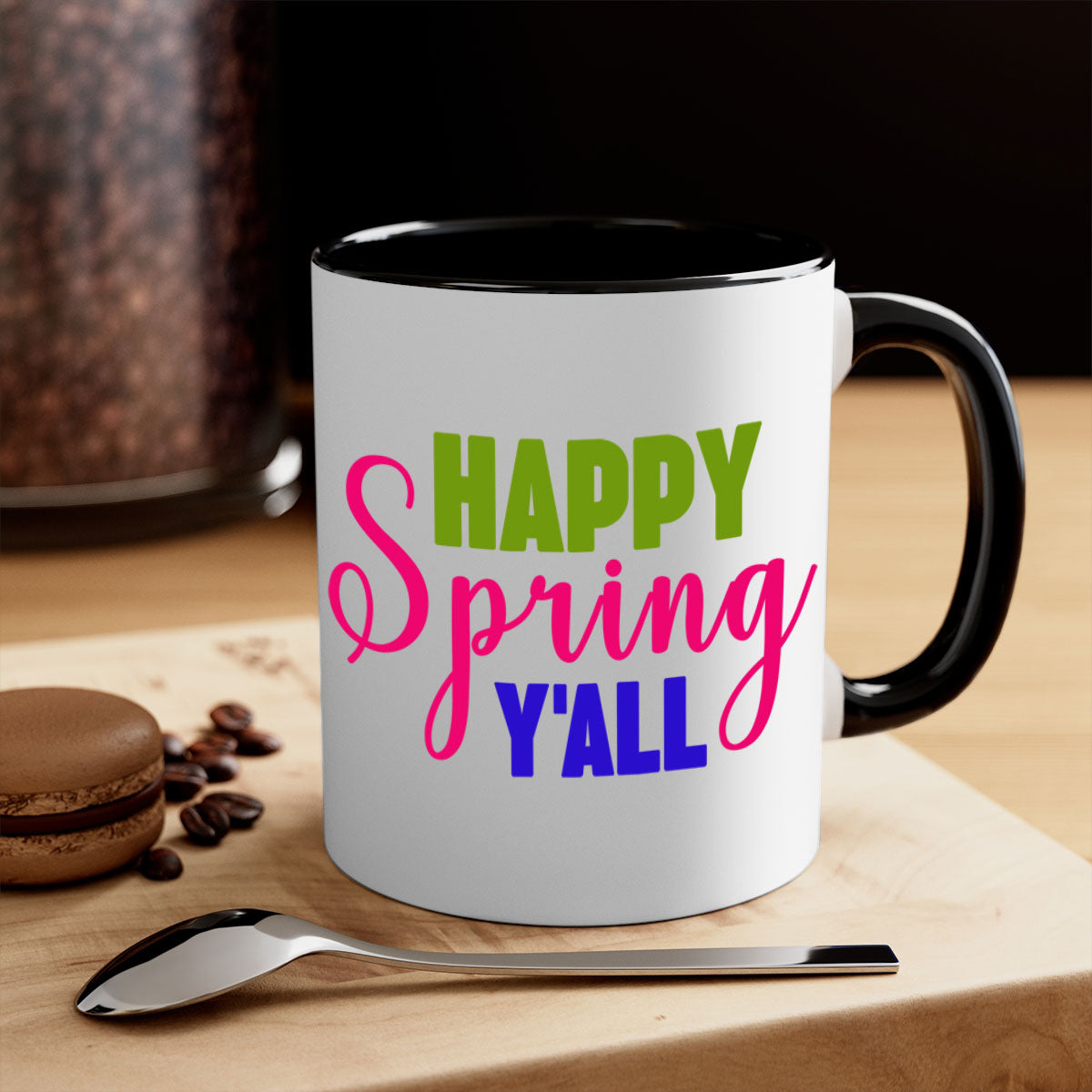 Happy Spring Y'all Mug with colorful handle and glossy finish, available in multiple colors and sizes.