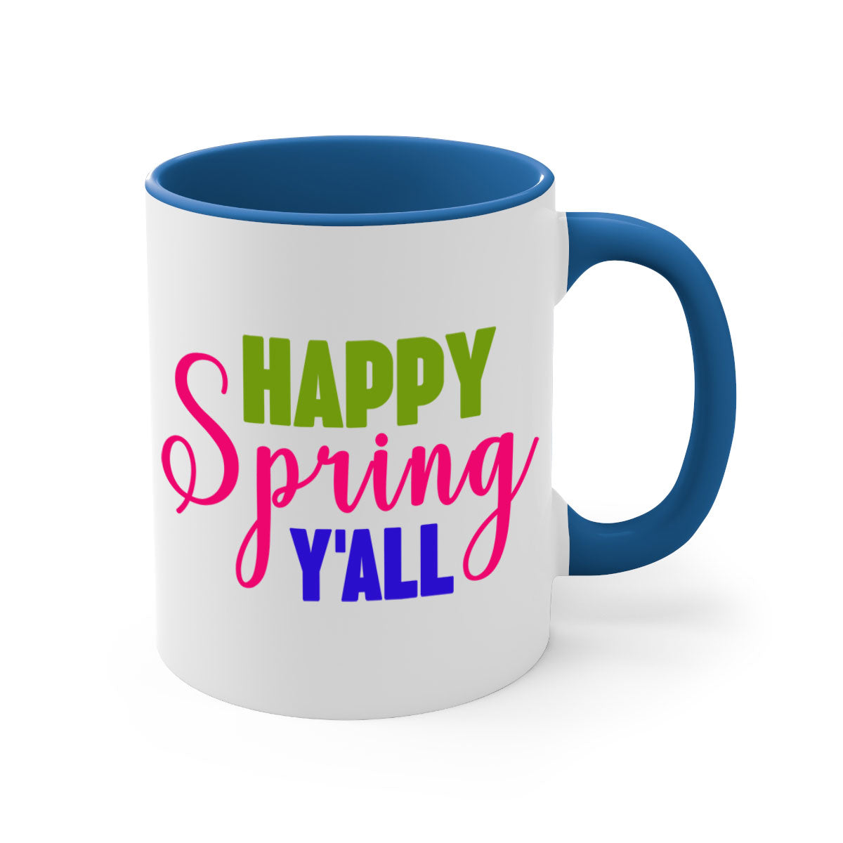 Happy Spring Y'all Mug with colorful handle and glossy finish, available in multiple colors and sizes.