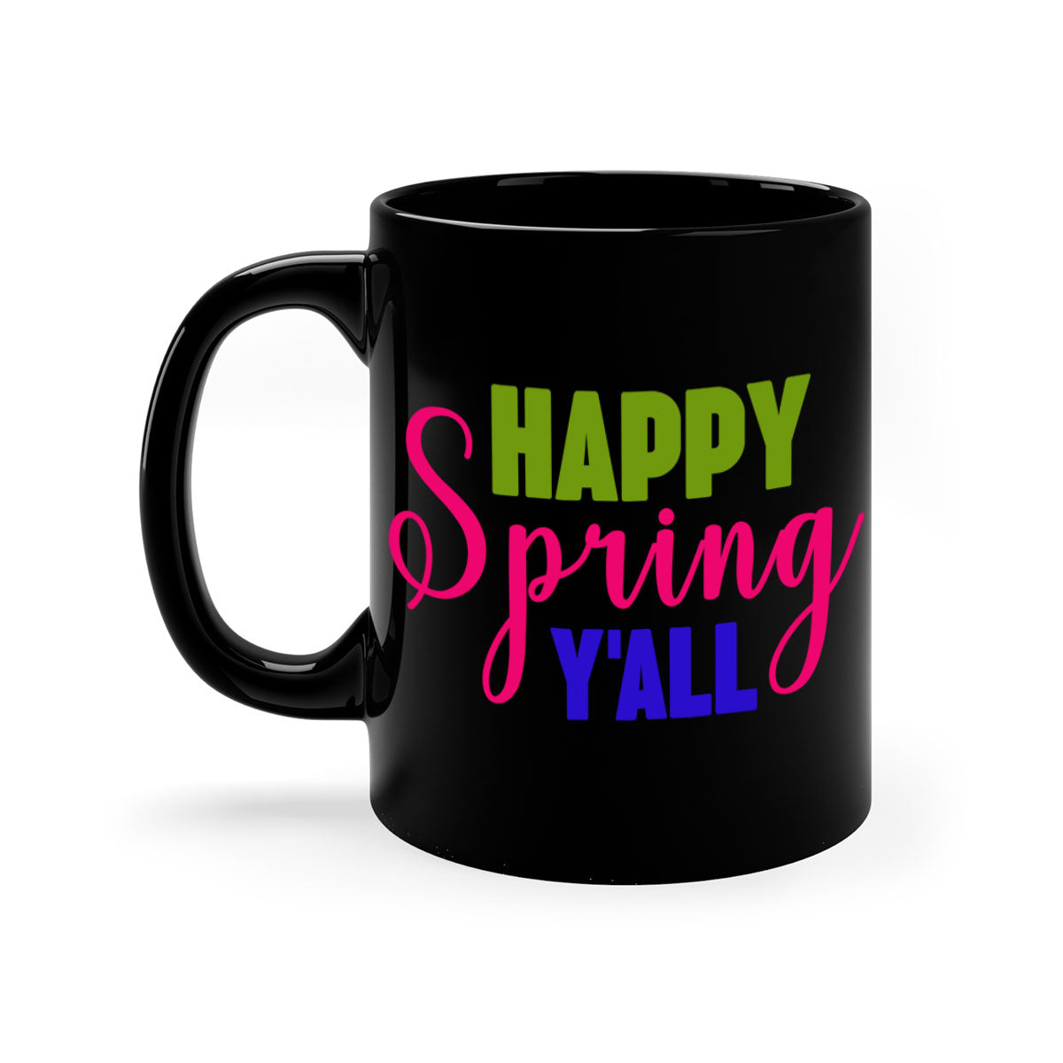 Happy Spring Y'all Mug with colorful handle and glossy finish, available in multiple colors and sizes.