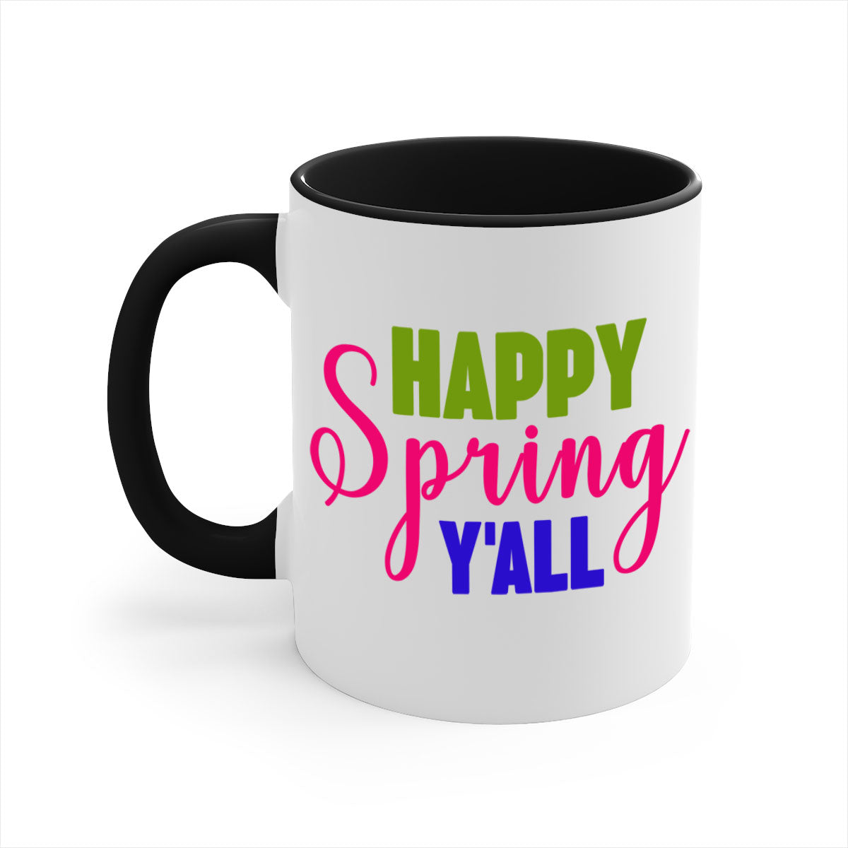 Happy Spring Y'all Mug with colorful handle and glossy finish, available in multiple colors and sizes.