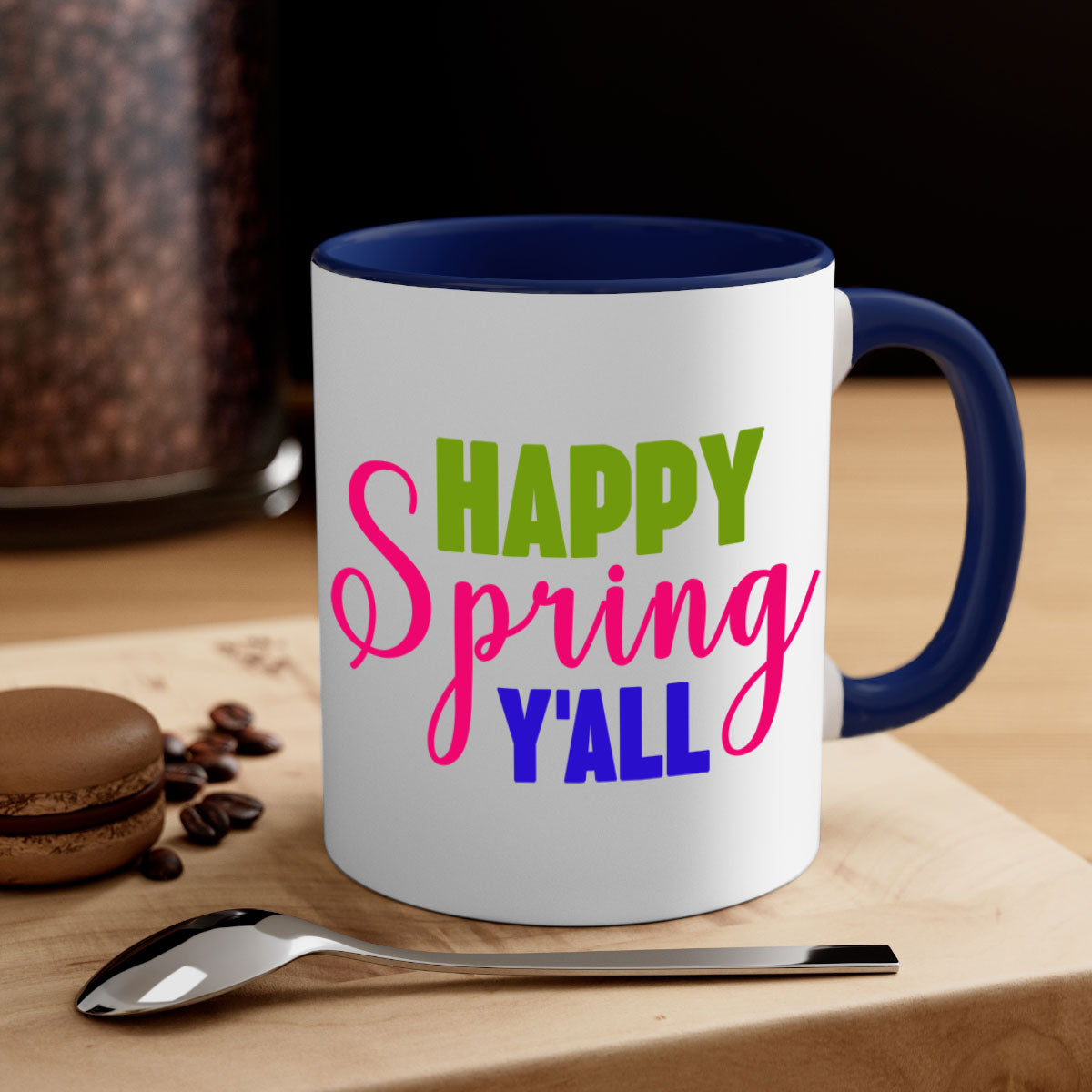 Happy Spring Y'all Mug with colorful handle and glossy finish, available in multiple colors and sizes.