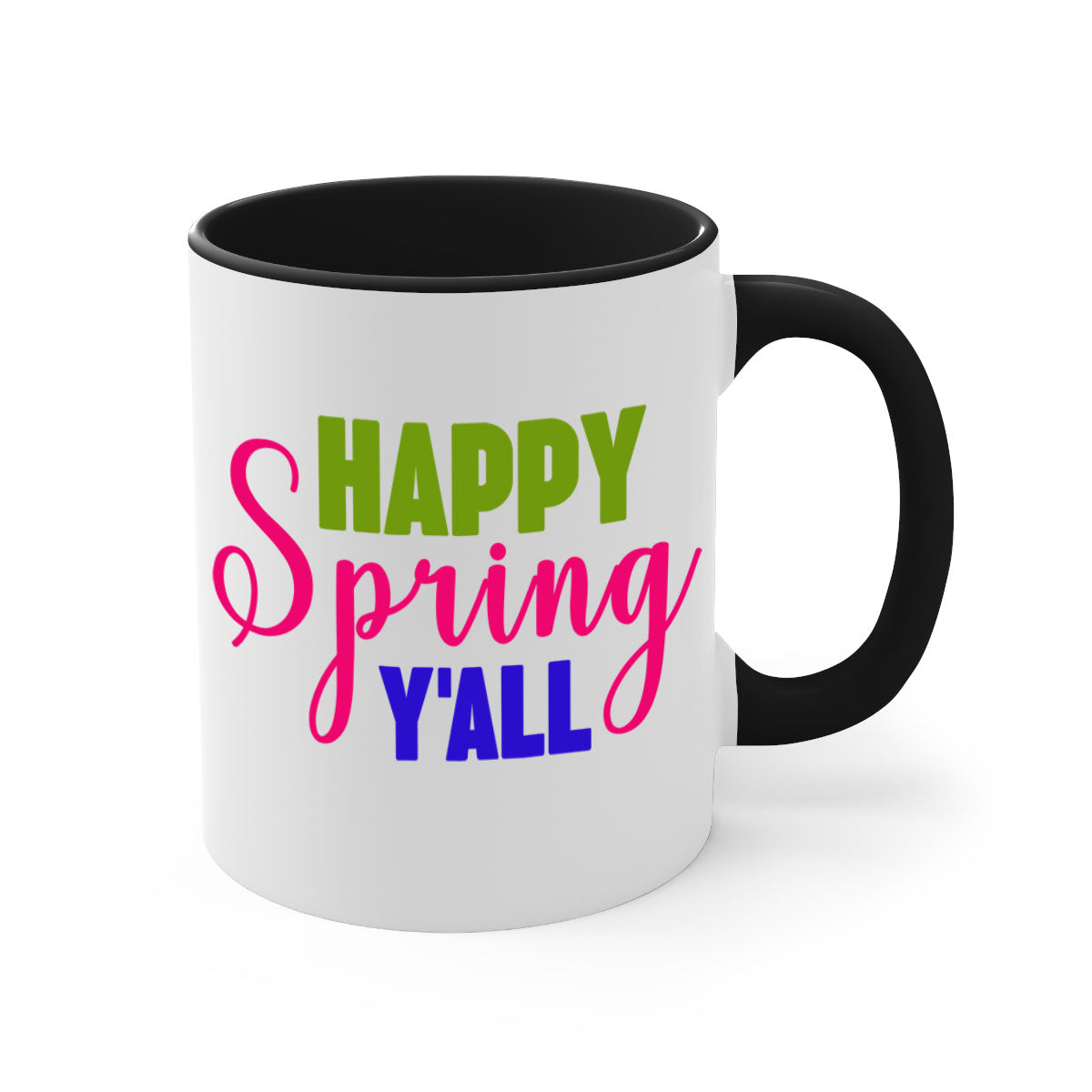Happy Spring Y'all Mug with colorful handle and glossy finish, available in multiple colors and sizes.