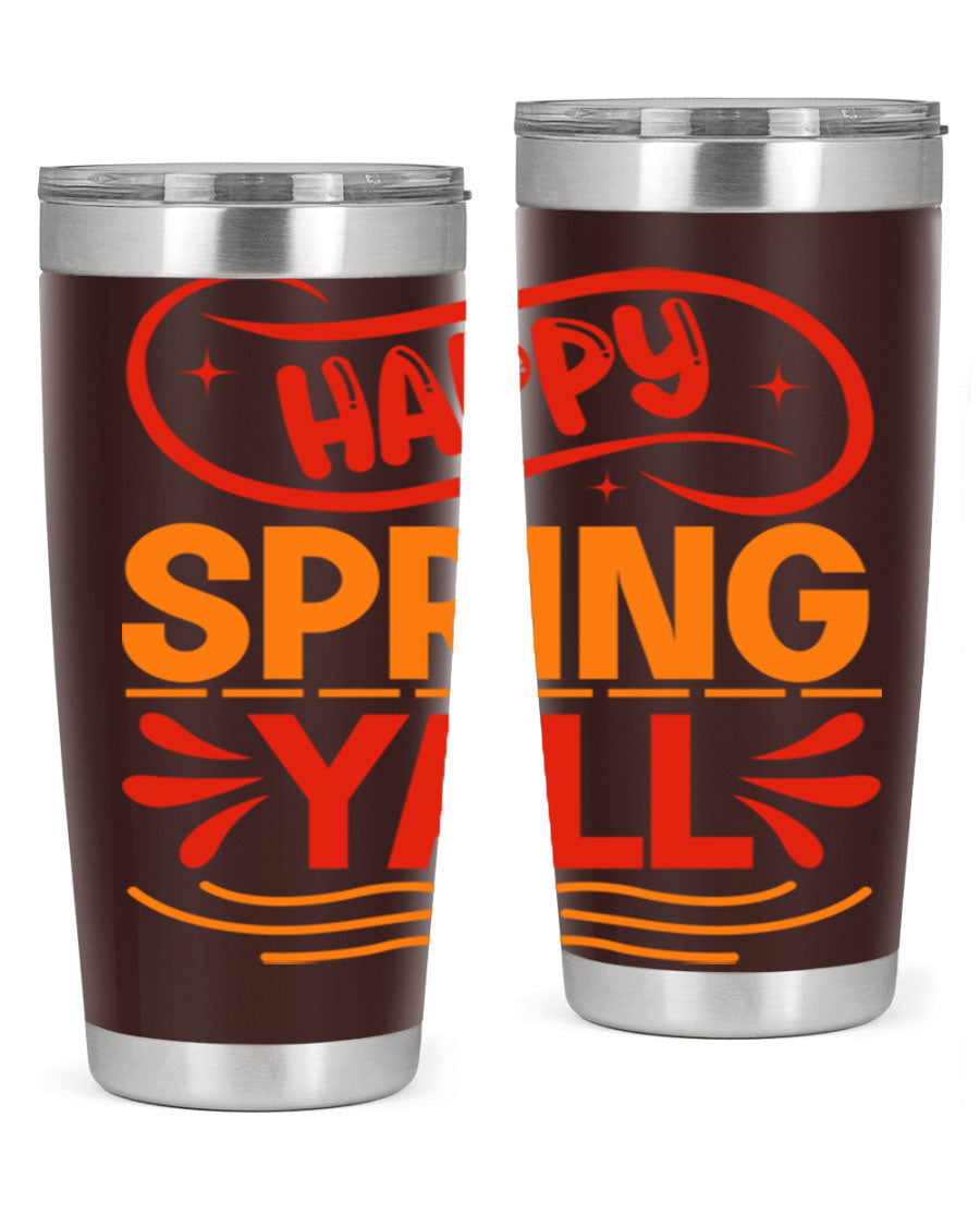 Happy Spring Y'all 20oz Tumbler featuring double wall vacuum stainless steel with vibrant spring-themed design.