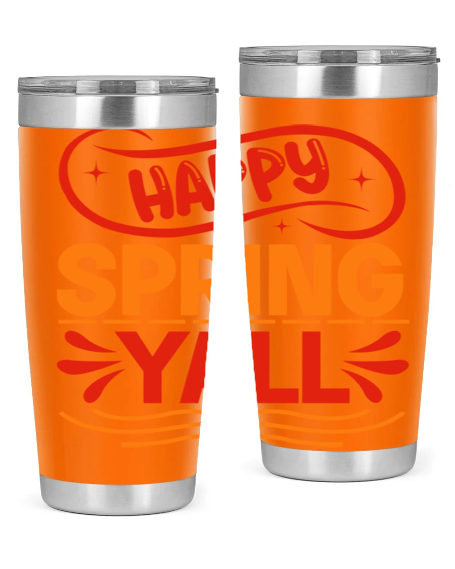 Happy Spring Y'all 20oz Tumbler featuring double wall vacuum stainless steel with vibrant spring-themed design.