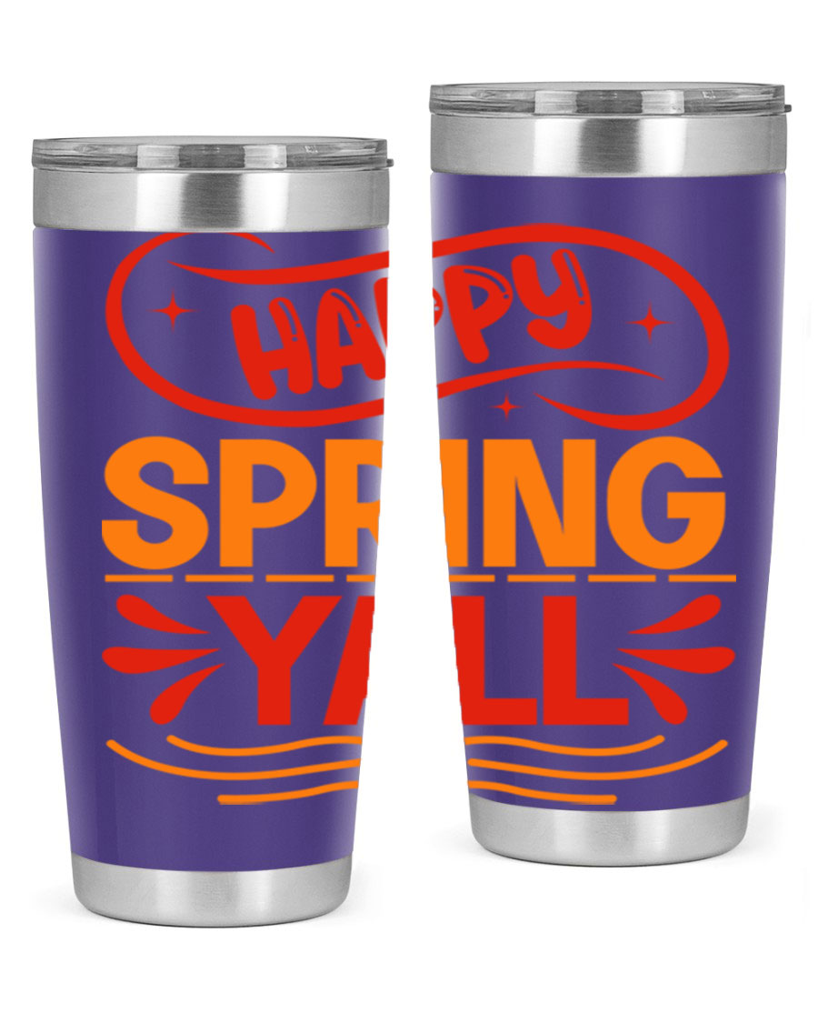 Happy Spring Y'all 20oz Tumbler featuring double wall vacuum stainless steel with vibrant spring-themed design.
