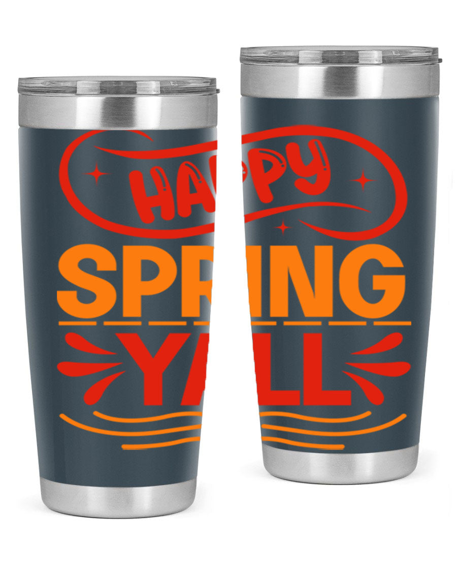 Happy Spring Y'all 20oz Tumbler featuring double wall vacuum stainless steel with vibrant spring-themed design.