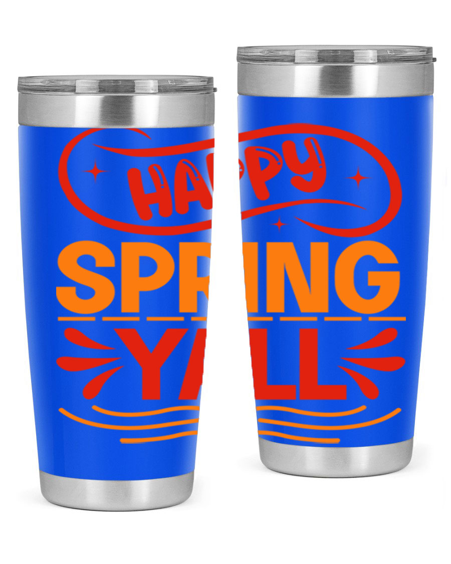 Happy Spring Y'all 20oz Tumbler featuring double wall vacuum stainless steel with vibrant spring-themed design.