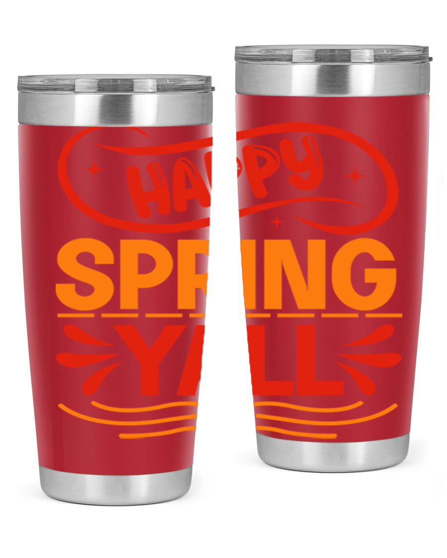 Happy Spring Y'all 20oz Tumbler featuring double wall vacuum stainless steel with vibrant spring-themed design.