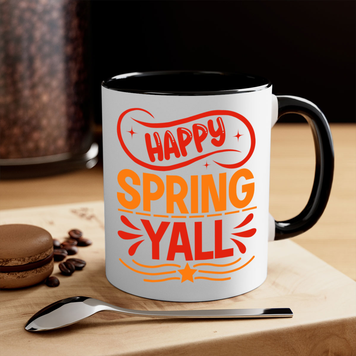 Happy Spring Y'all Mug with colorful handle and glossy finish, available in multiple colors and sizes.