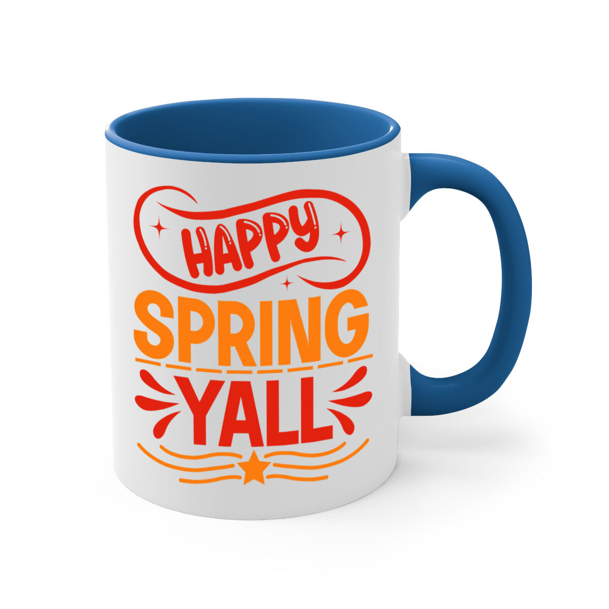 Happy Spring Y'all Mug with colorful handle and glossy finish, available in multiple colors and sizes.