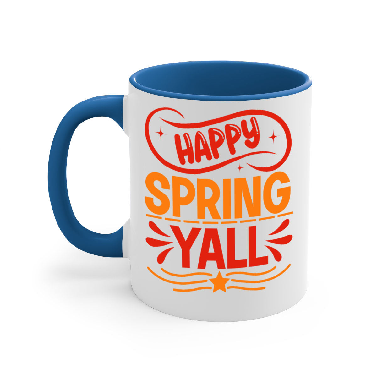 Happy Spring Y'all Mug with colorful handle and glossy finish, available in multiple colors and sizes.