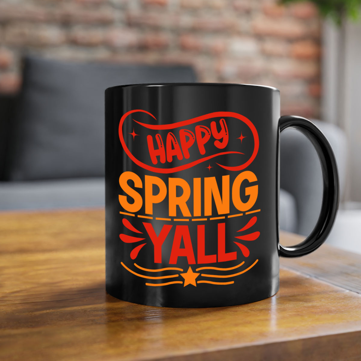 Happy Spring Y'all Mug with colorful handle and glossy finish, available in multiple colors and sizes.