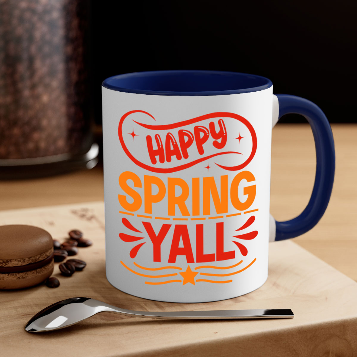 Happy Spring Y'all Mug with colorful handle and glossy finish, available in multiple colors and sizes.