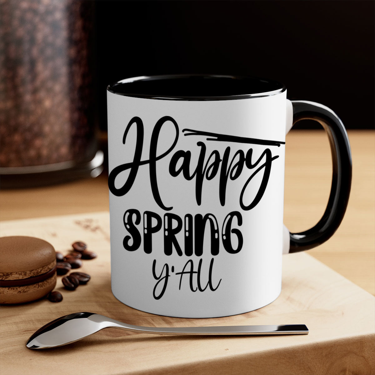 HAPPY SPRING YALL 179# Mug featuring a glossy finish, colorful handle, and interior, available in multiple colors.
