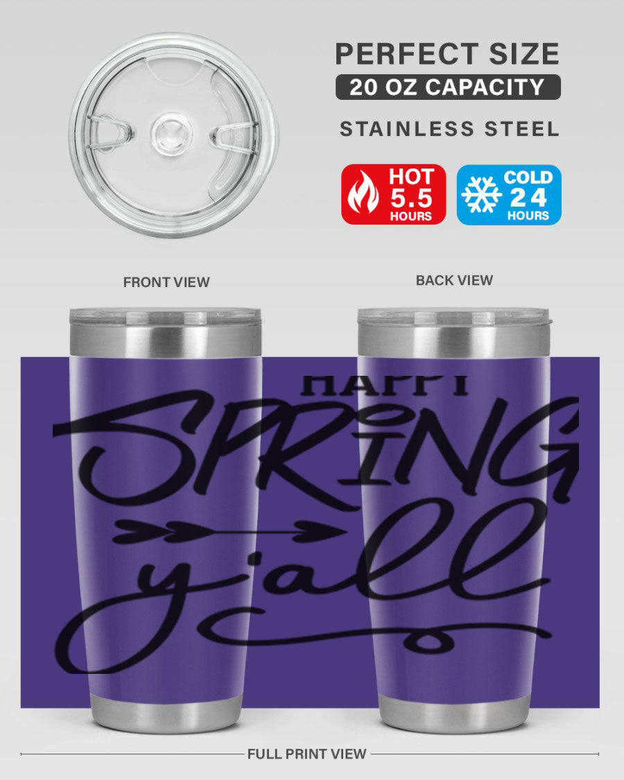 Happy Spring Y'all Tumbler in vibrant colors, showcasing its double wall vacuum stainless steel design and drink-thru lid.