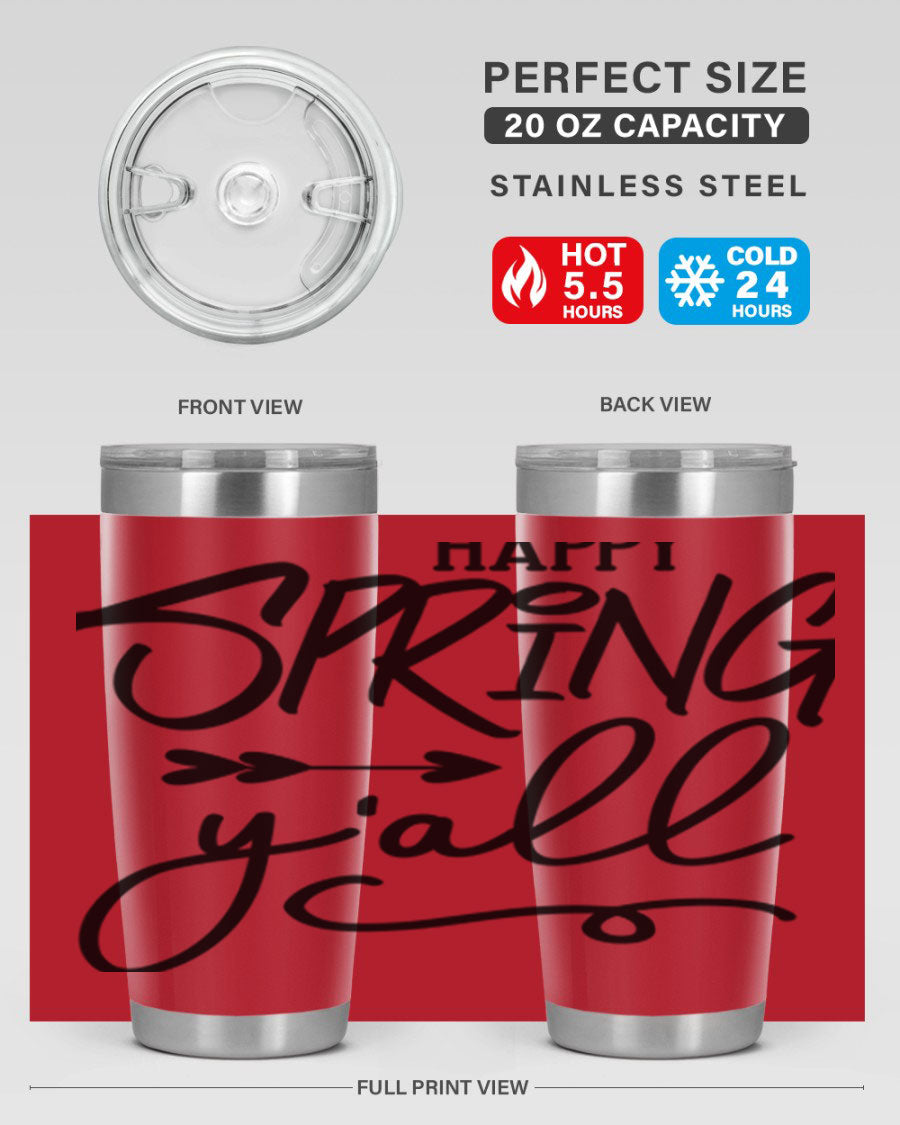 Happy Spring Y'all Tumbler in vibrant colors, showcasing its double wall vacuum stainless steel design and drink-thru lid.