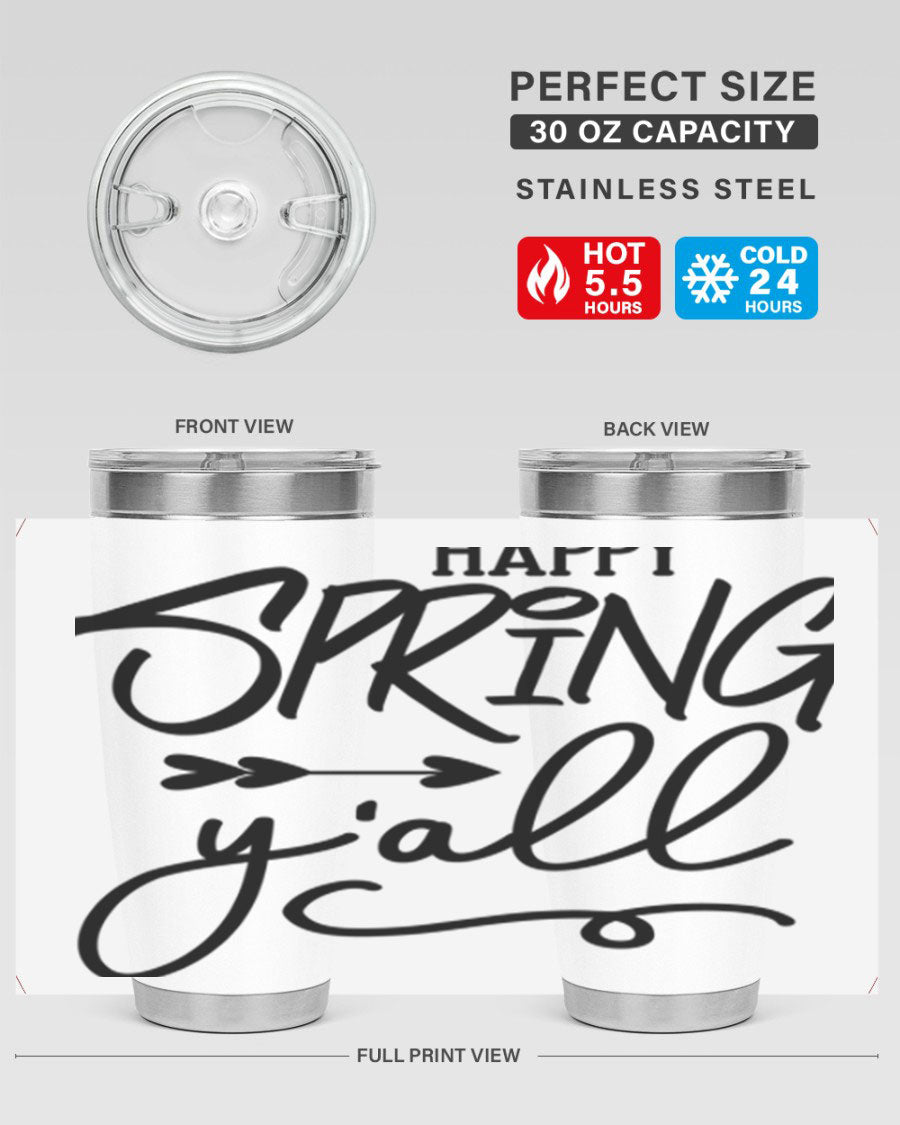 Happy Spring Y'all Tumbler in vibrant colors, showcasing its double wall vacuum stainless steel design and drink-thru lid.