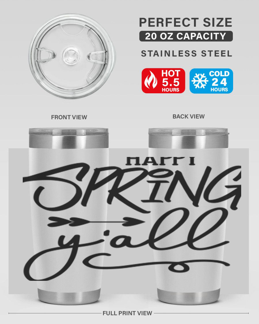 Happy Spring Y'all Tumbler in vibrant colors, showcasing its double wall vacuum stainless steel design and drink-thru lid.