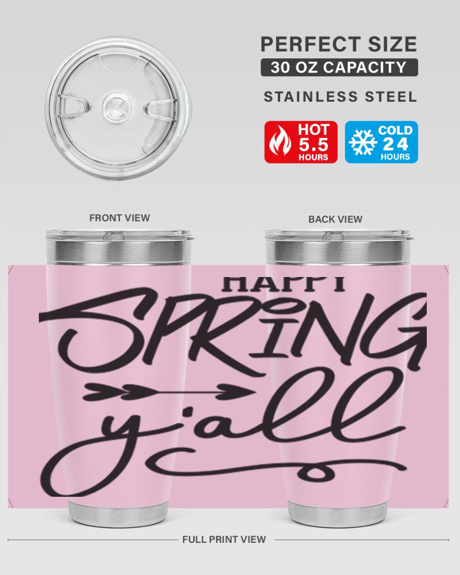Happy Spring Y'all Tumbler in vibrant colors, showcasing its double wall vacuum stainless steel design and drink-thru lid.