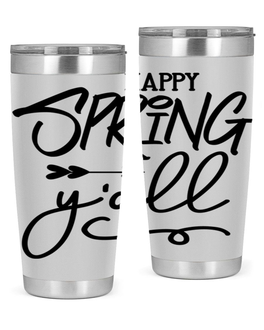 Happy Spring Y'all Tumbler in vibrant colors, showcasing its double wall vacuum stainless steel design and drink-thru lid.