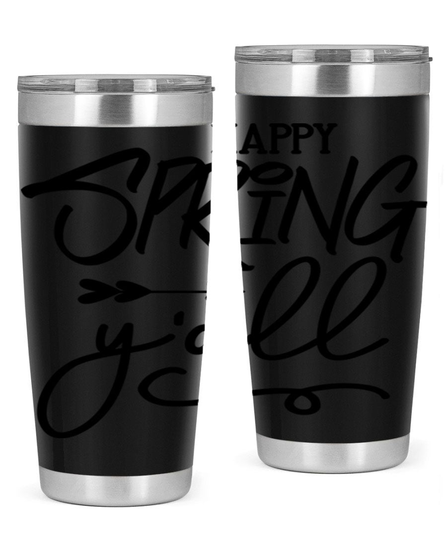 Happy Spring Y'all Tumbler in vibrant colors, showcasing its double wall vacuum stainless steel design and drink-thru lid.