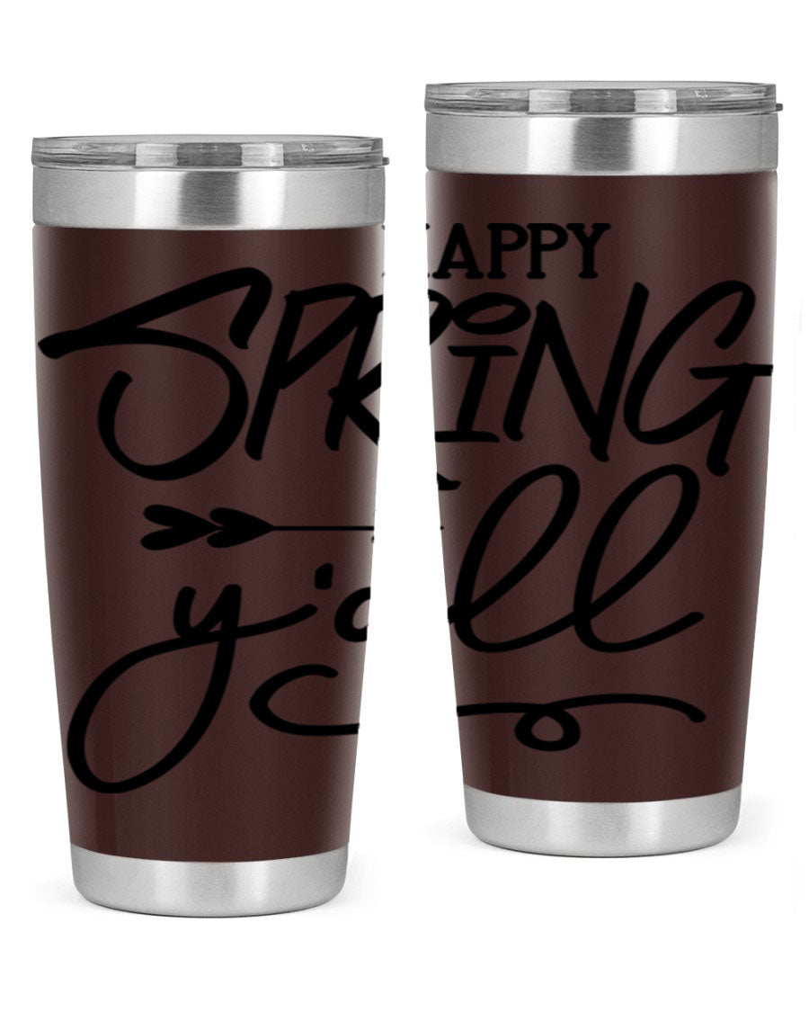 Happy Spring Y'all Tumbler in vibrant colors, showcasing its double wall vacuum stainless steel design and drink-thru lid.