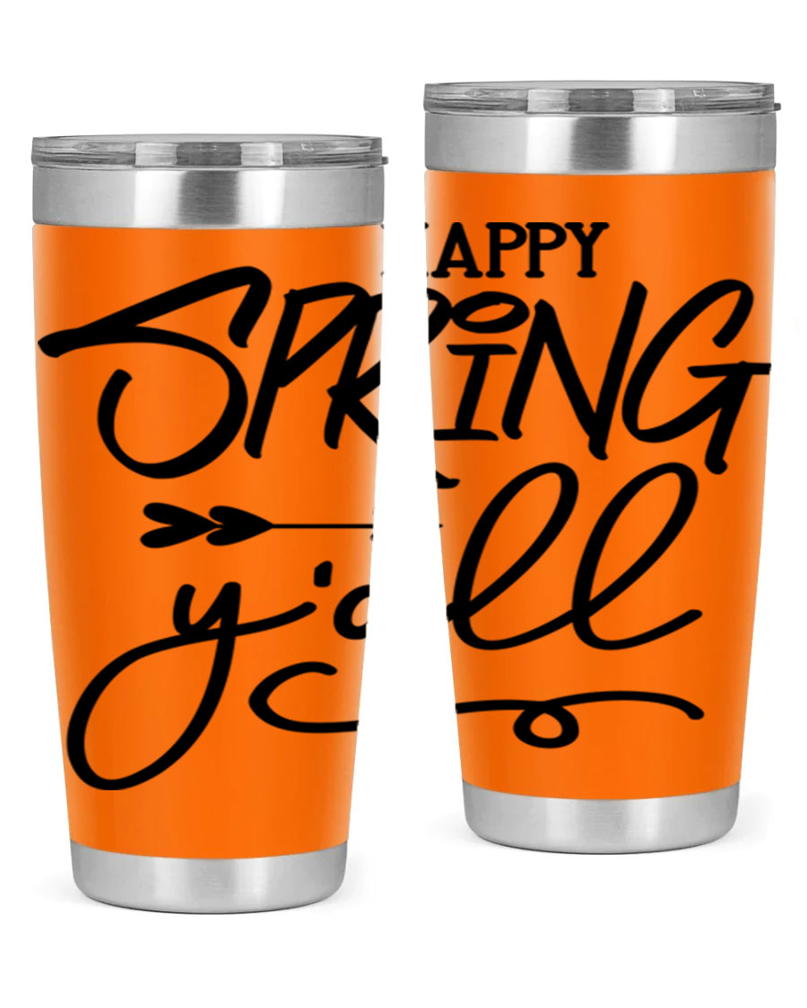 Happy Spring Y'all Tumbler in vibrant colors, showcasing its double wall vacuum stainless steel design and drink-thru lid.