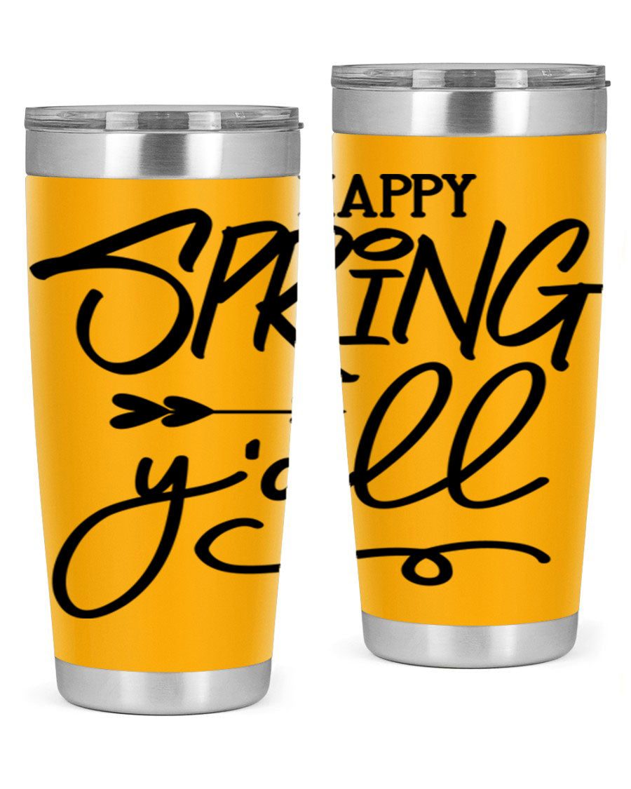 Happy Spring Y'all Tumbler in vibrant colors, showcasing its double wall vacuum stainless steel design and drink-thru lid.