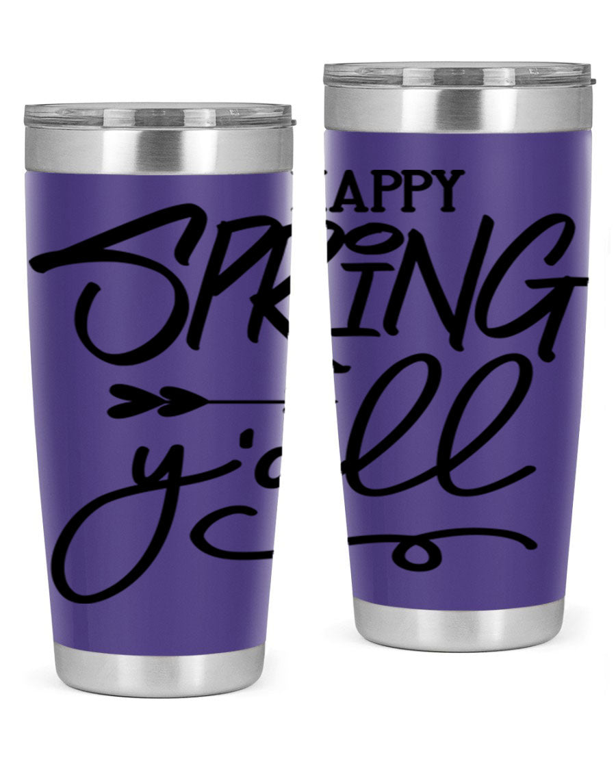 Happy Spring Y'all Tumbler in vibrant colors, showcasing its double wall vacuum stainless steel design and drink-thru lid.