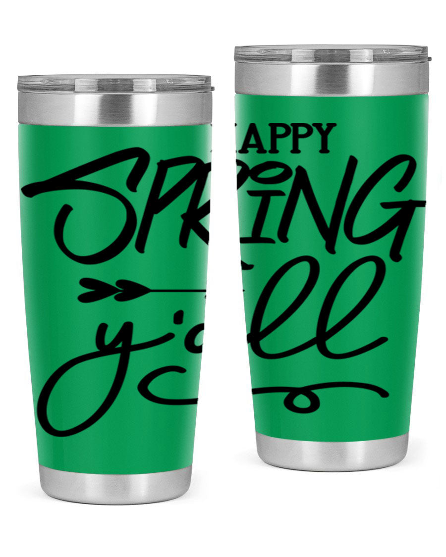 Happy Spring Y'all Tumbler in vibrant colors, showcasing its double wall vacuum stainless steel design and drink-thru lid.