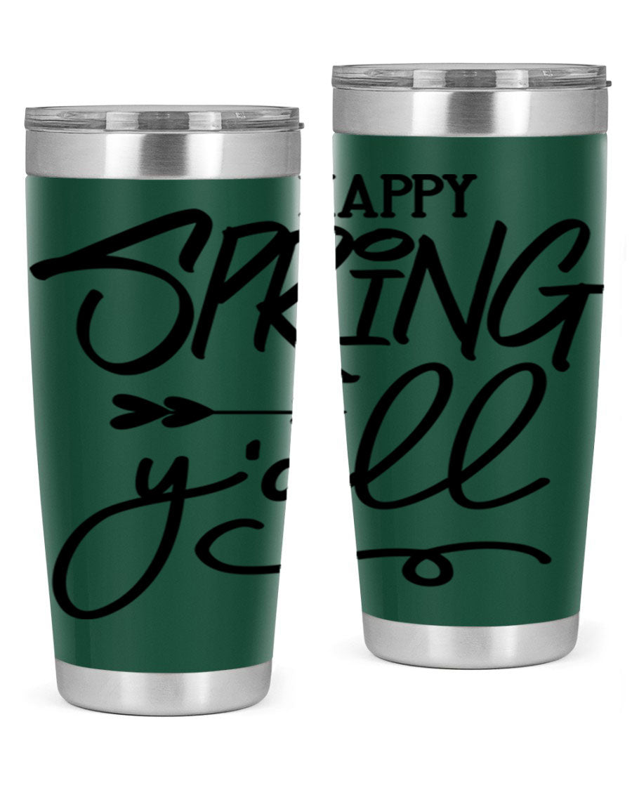 Happy Spring Y'all Tumbler in vibrant colors, showcasing its double wall vacuum stainless steel design and drink-thru lid.