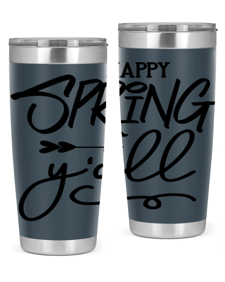 Happy Spring Y'all Tumbler in vibrant colors, showcasing its double wall vacuum stainless steel design and drink-thru lid.