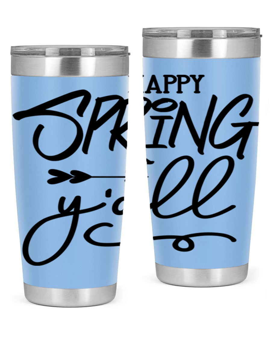 Happy Spring Y'all Tumbler in vibrant colors, showcasing its double wall vacuum stainless steel design and drink-thru lid.