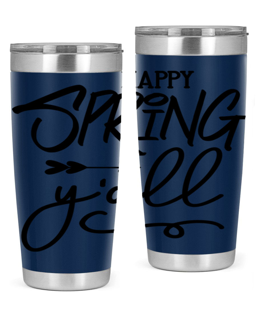 Happy Spring Y'all Tumbler in vibrant colors, showcasing its double wall vacuum stainless steel design and drink-thru lid.
