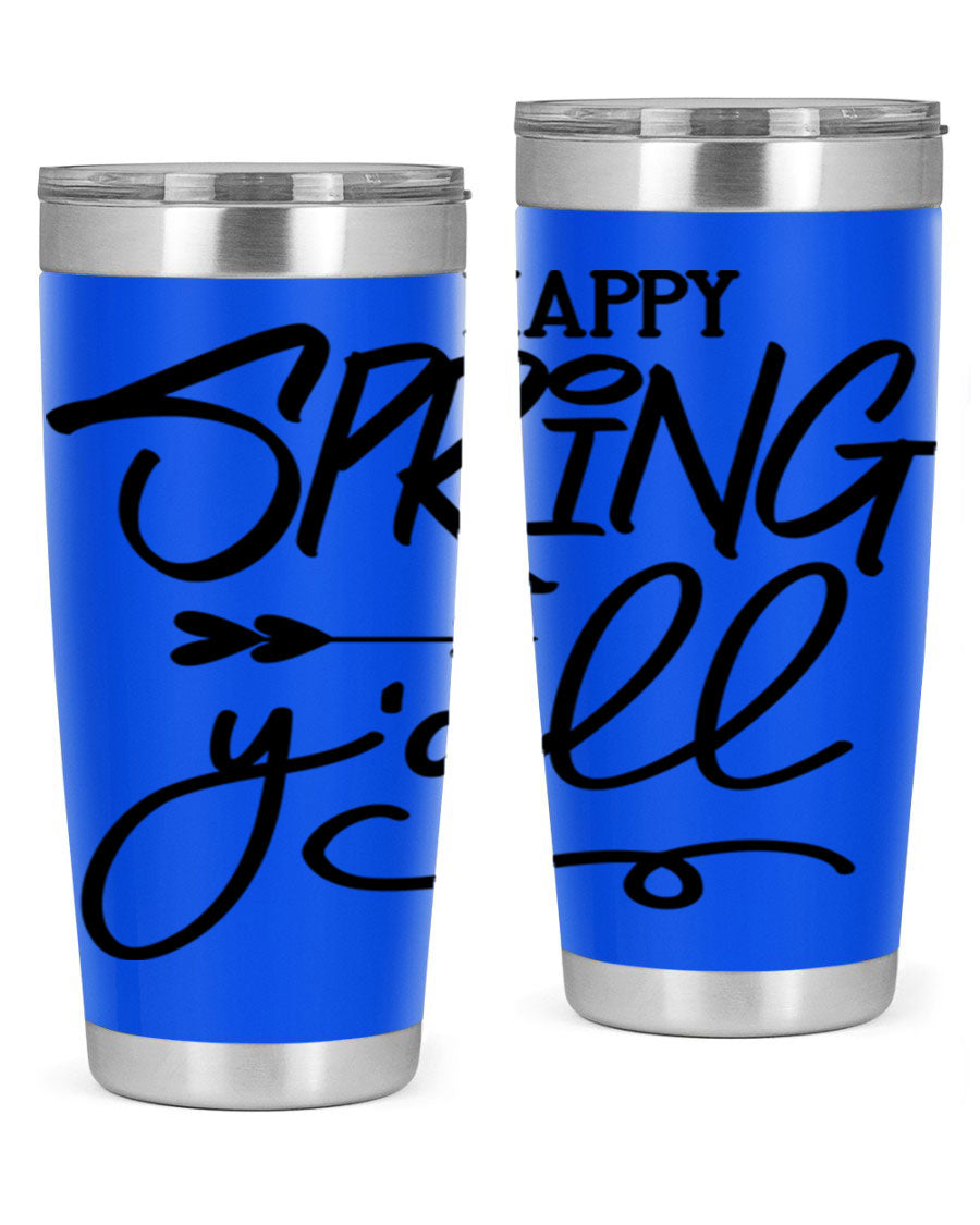 Happy Spring Y'all Tumbler in vibrant colors, showcasing its double wall vacuum stainless steel design and drink-thru lid.