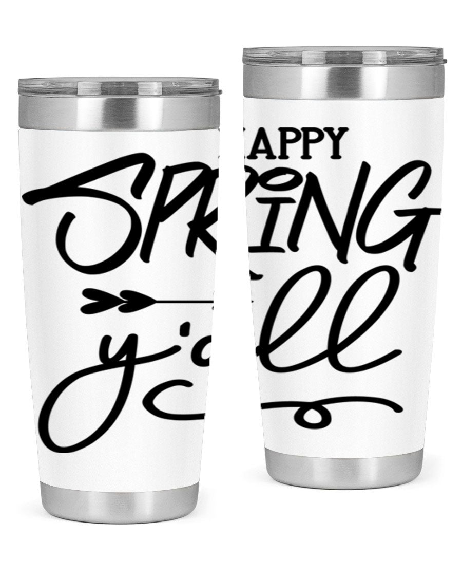 Happy Spring Y'all Tumbler in vibrant colors, showcasing its double wall vacuum stainless steel design and drink-thru lid.
