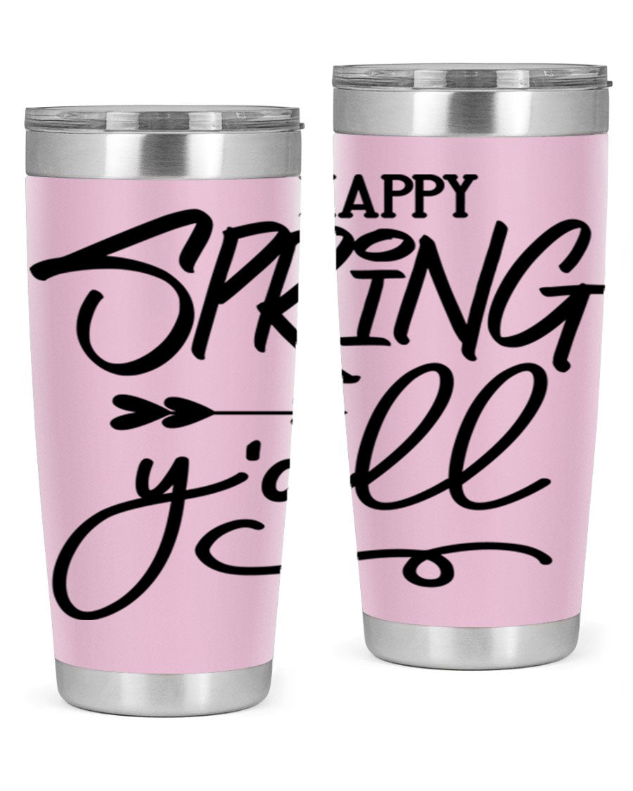 Happy Spring Y'all Tumbler in vibrant colors, showcasing its double wall vacuum stainless steel design and drink-thru lid.