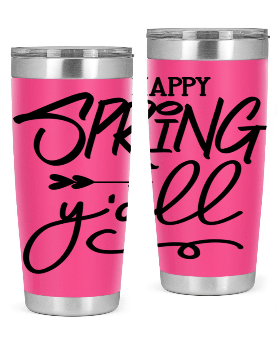 Happy Spring Y'all Tumbler in vibrant colors, showcasing its double wall vacuum stainless steel design and drink-thru lid.