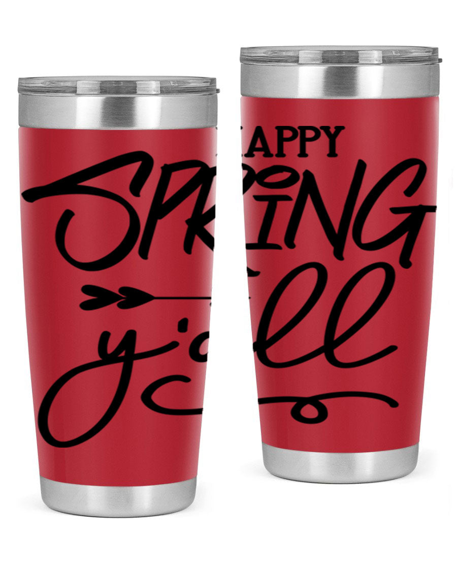 Happy Spring Y'all Tumbler in vibrant colors, showcasing its double wall vacuum stainless steel design and drink-thru lid.