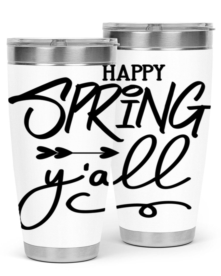 Happy Spring Y'all Tumbler in vibrant colors, showcasing its double wall vacuum stainless steel design and drink-thru lid.