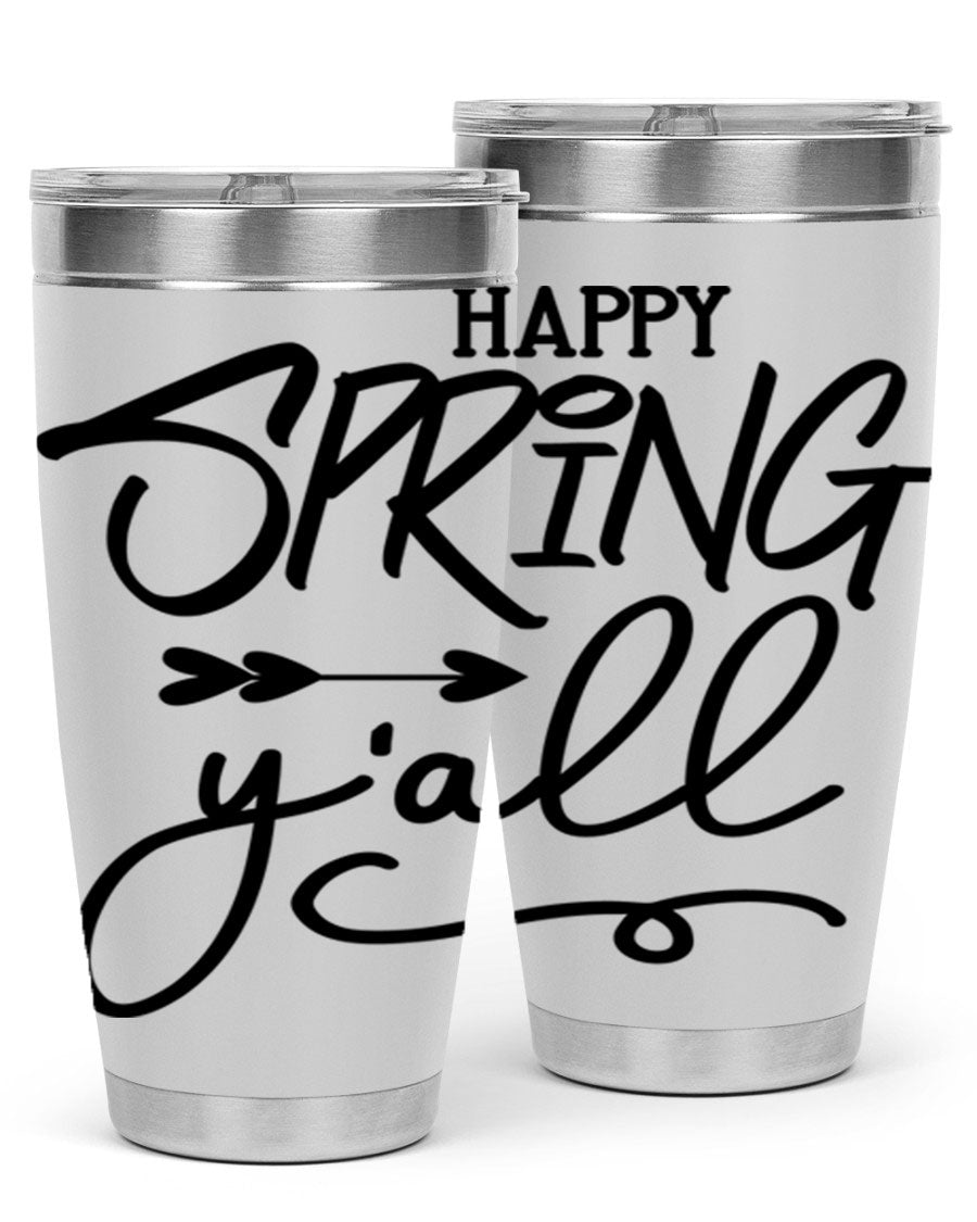 Happy Spring Y'all Tumbler in vibrant colors, showcasing its double wall vacuum stainless steel design and drink-thru lid.